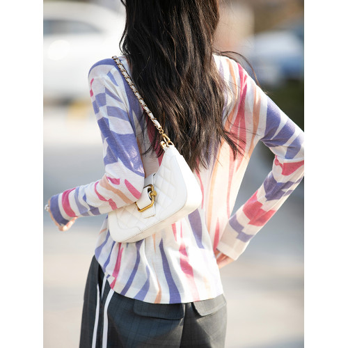 春夏圓領水溶精紡羊毛印花長袖體恤女休閒套頭薄款針織打底衫上衣