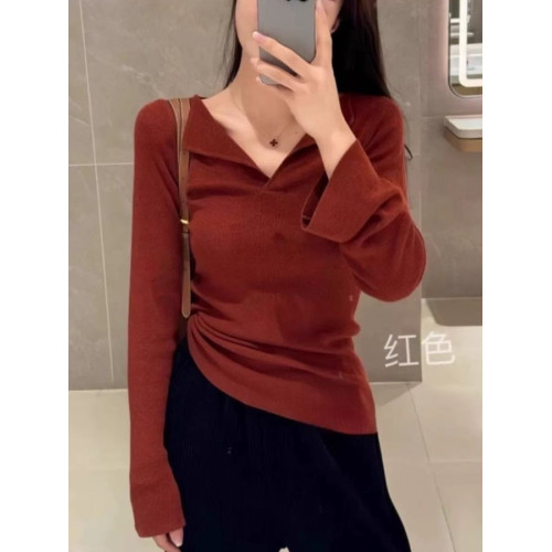 美式氣質純色V領長袖針織打底衫女秋冬高級感毛衣內搭短款上衣潮