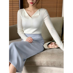 白色打底衫女內搭2025春秋新款高級感修身v領針織衫翻領長袖上衣