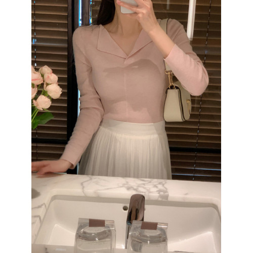 白色打底衫女內搭2025春秋新款高級感修身v領針織衫翻領長袖上衣