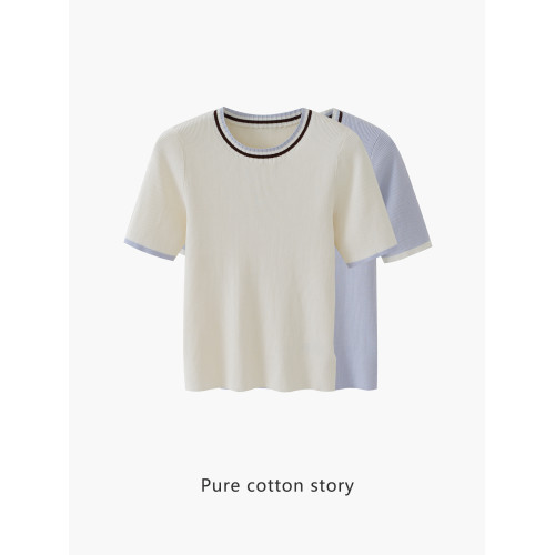 三色領 細針 高支長絨棉 短袖針織衫女士薄款打底衫夏季 修身款 6