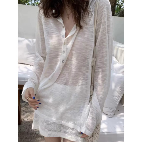 2025夏季新款小衆設計感微透寬松防曬T打底衫圓領針織衫慵懶上衣