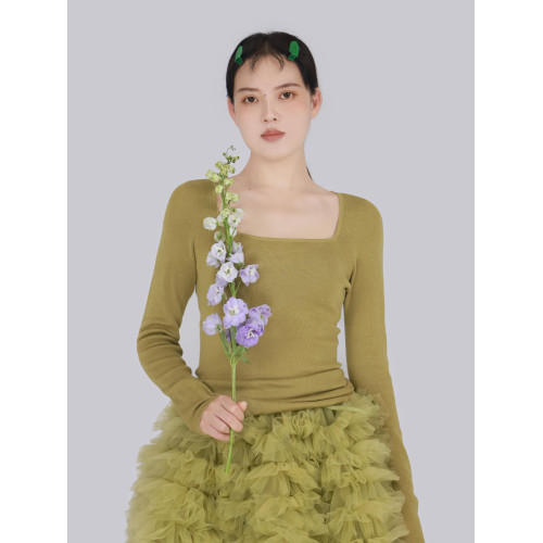 TEATREE/柔軟修身方領長袖打底衫敭子紗無縫一體100%羊毛針織衫女