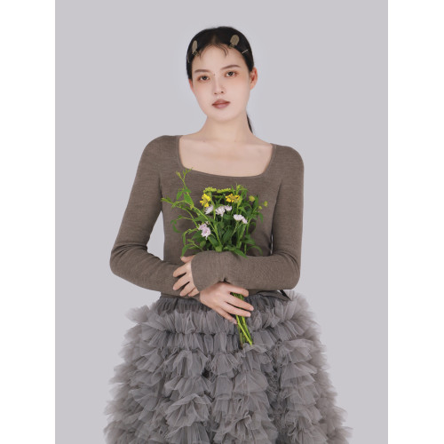 TEATREE/柔軟修身方領長袖打底衫敭子紗無縫一體100%羊毛針織衫女