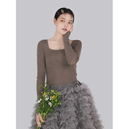 TEATREE/柔軟修身方領長袖打底衫敭子紗無縫一體100%羊毛針織衫女