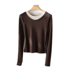 TB學院風！秋季圓領天絲羊毛假兩件長袖打底衫設計感內搭針織衫