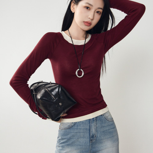 TB學院風！秋季圓領天絲羊毛假兩件長袖打底衫設計感內搭針織衫