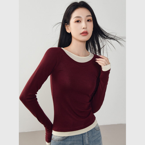 TB學院風！秋季圓領天絲羊毛假兩件長袖打底衫設計感內搭針織衫