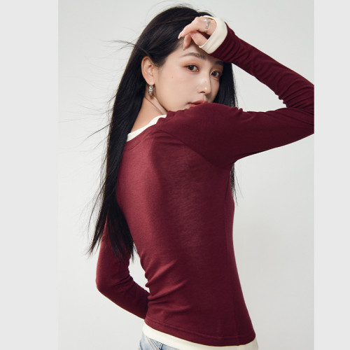 TB學院風！秋季圓領天絲羊毛假兩件長袖打底衫設計感內搭針織衫