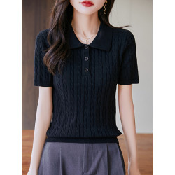 夏季新款簡約麻花短袖女娃娃領純棉翻領針織上衣中半袖毛衣打底衫