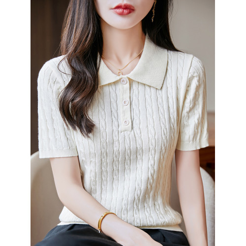 夏季新款簡約麻花短袖女娃娃領純棉翻領針織上衣中半袖毛衣打底衫