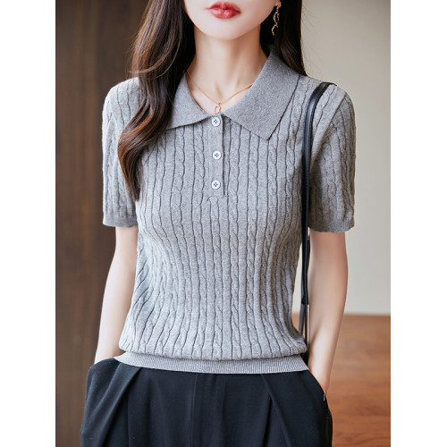 夏季新款簡約麻花短袖女娃娃領純棉翻領針織上衣中半袖毛衣打底衫