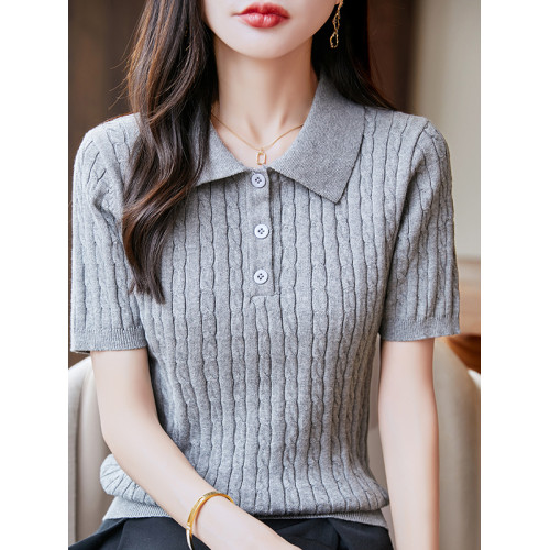 夏季新款簡約麻花短袖女娃娃領純棉翻領針織上衣中半袖毛衣打底衫