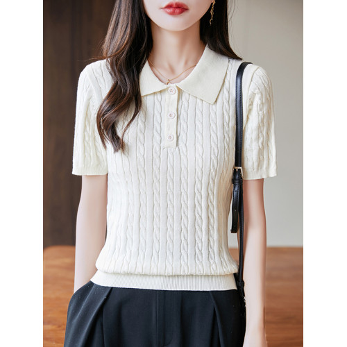 夏季新款簡約麻花短袖女娃娃領純棉翻領針織上衣中半袖毛衣打底衫