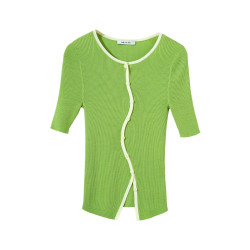 SHEJIA ED不規則門襟撞色邊針織衫短袖上衣夏新款薄款顯瘦打底衫