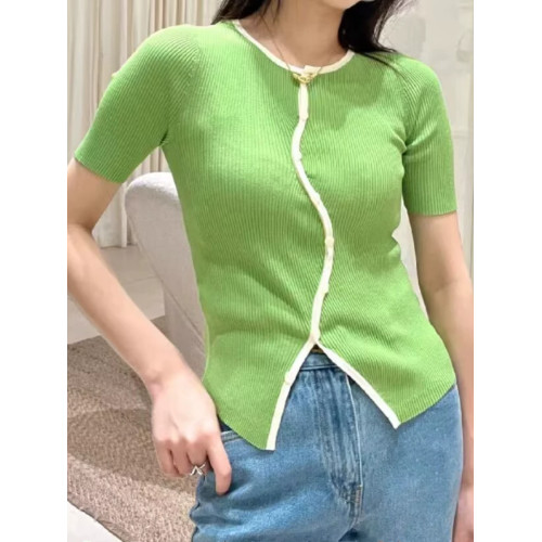 SHEJIA ED不規則門襟撞色邊針織衫短袖上衣夏新款薄款顯瘦打底衫