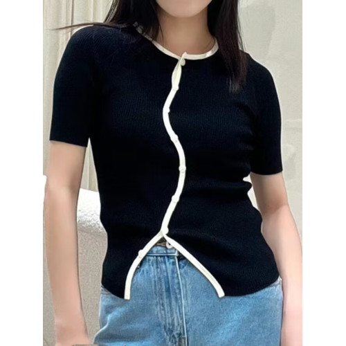 SHEJIA ED不規則門襟撞色邊針織衫短袖上衣夏新款薄款顯瘦打底衫