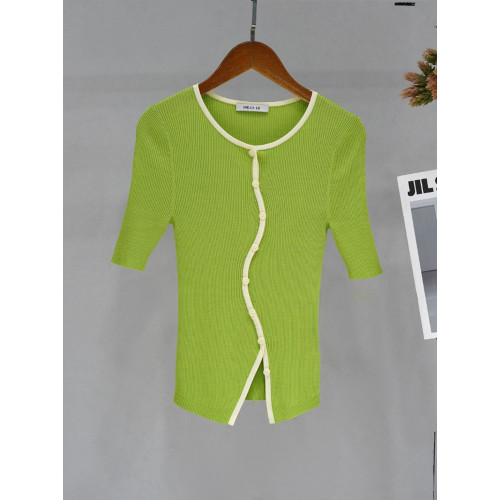 SHEJIA ED不規則門襟撞色邊針織衫短袖上衣夏新款薄款顯瘦打底衫