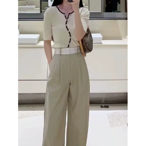 SHEJIA ED不規則門襟撞色邊針織衫短袖上衣夏新款薄款顯瘦打底衫