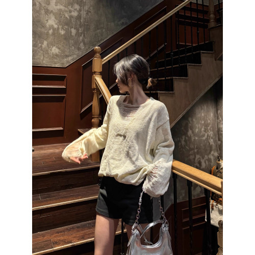 UNIQUEMOI破壞V領慵懶風寬松秋冬針織毛衣小衆潮流打底衫薄款男女