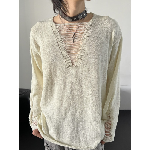 UNIQUEMOI破壞V領慵懶風寬松秋冬針織毛衣小衆潮流打底衫薄款男女