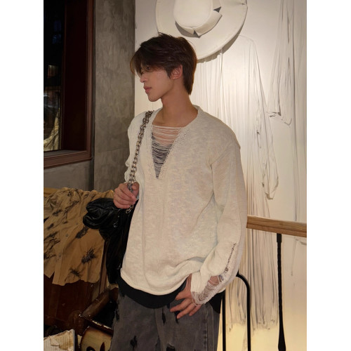 UNIQUEMOI破壞V領慵懶風寬松秋冬針織毛衣小衆潮流打底衫薄款男女