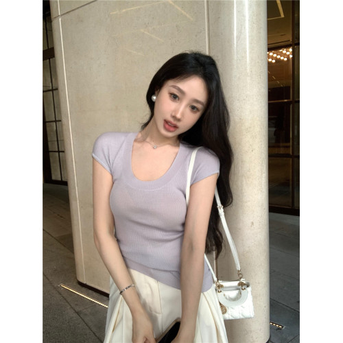 u領短袖針織衫上衣女早春夏2023新款奶系穿搭chic修身顯瘦打底衫