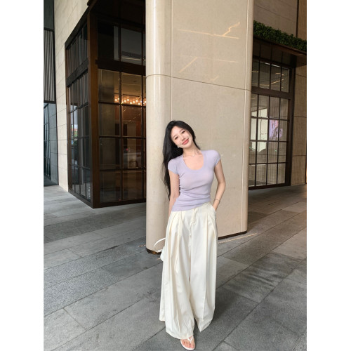 u領短袖針織衫上衣女早春夏2023新款奶系穿搭chic修身顯瘦打底衫