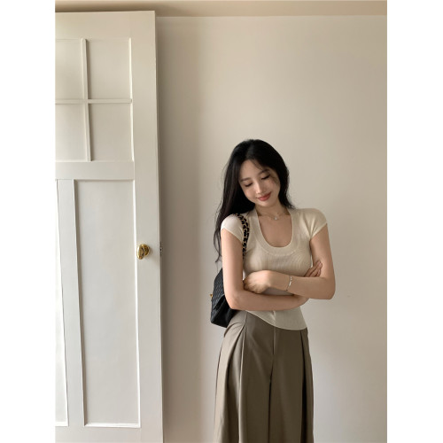 u領短袖針織衫上衣女早春夏2023新款奶系穿搭chic修身顯瘦打底衫