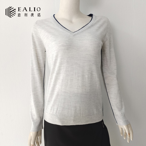 EALIO女士V領套頭長袖純色打底衫針織衫19101