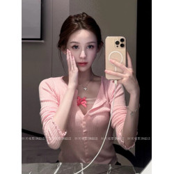 櫻花粉甜美減齡木耳邊紐釦長袖針織衫純欲修身顯瘦打底衫春秋新款