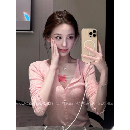 櫻花粉甜美減齡木耳邊紐釦長袖針織衫純欲修身顯瘦打底衫春秋新款