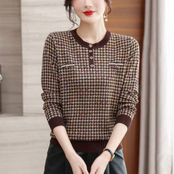 白領哥弟新媽媽春秋薄款毛衣千鳥格洋氣打底衫中老年女士針織小衫
