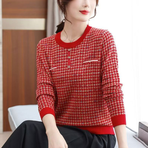 白領哥弟新媽媽春秋薄款毛衣千鳥格洋氣打底衫中老年女士針織小衫