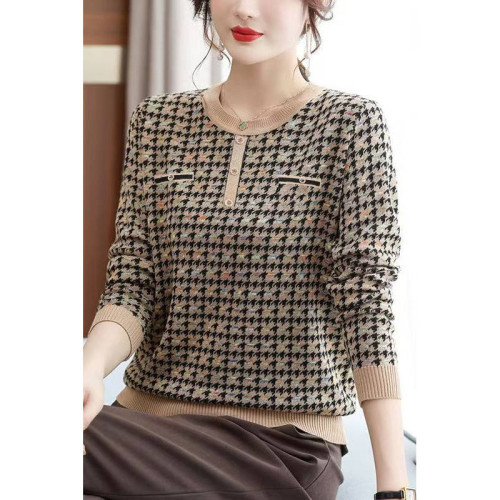 白領哥弟新媽媽春秋薄款毛衣千鳥格洋氣打底衫中老年女士針織小衫