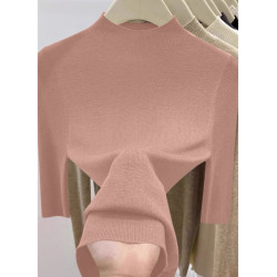 2025夏季新款黑色修身顯瘦五分袖針織打底衫女氣質百搭半高領上衣