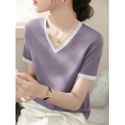 法式時尚夏季薄款短袖拼色氣質新款套頭V領高級感上衣顯瘦打底衫
