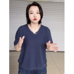 夏季純色氣質短袖V領針織衫女韓版大碼寬松打底衫極簡風套頭上衣