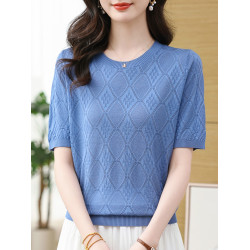 中年媽媽裝圓領針織衫上衣女寬松顯瘦遮肚子打底衫冰絲短袖Tr恤衫