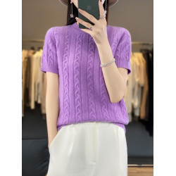 圓領扭花羊絨針織短袖女2024春秋新款寬松百搭羊毛打底衫半袖毛衣