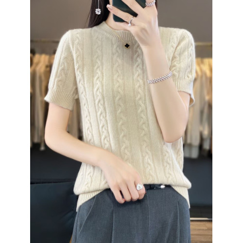 圓領扭花羊絨針織短袖女2024春秋新款寬松百搭羊毛打底衫半袖毛衣