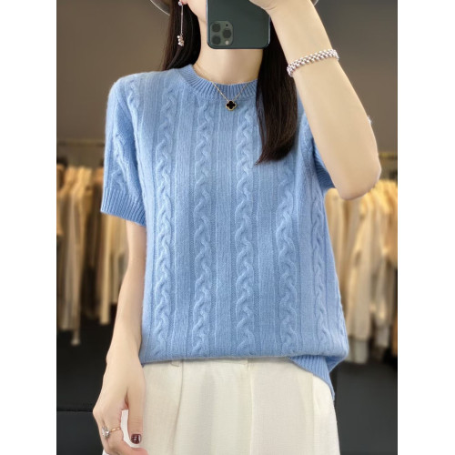 圓領扭花羊絨針織短袖女2024春秋新款寬松百搭羊毛打底衫半袖毛衣