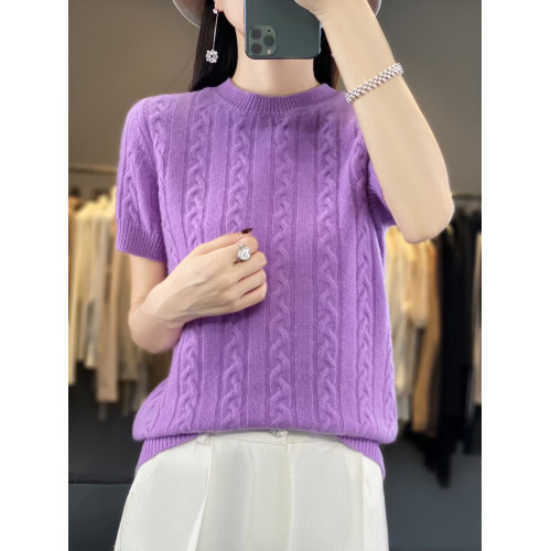 圓領扭花羊絨針織短袖女2024春秋新款寬松百搭羊毛打底衫半袖毛衣