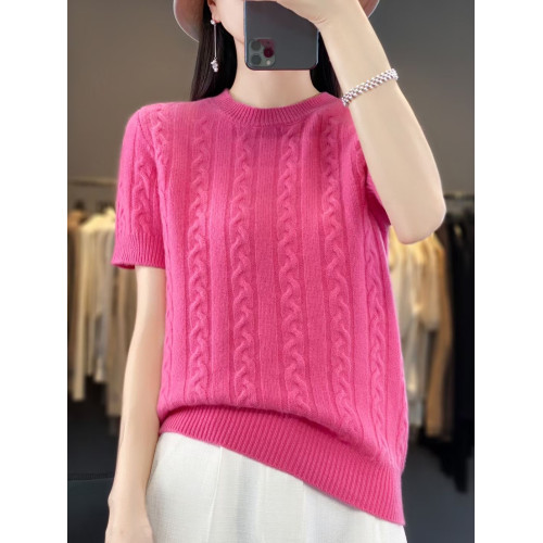 圓領扭花羊絨針織短袖女2024春秋新款寬松百搭羊毛打底衫半袖毛衣