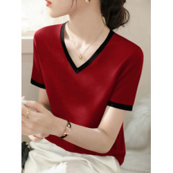 法式酒紅時尚V領夏季薄款氣質套頭新款高級感短袖拼色顯瘦打底衫