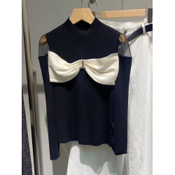 黑色蝴蝶結露肩法式上衣女2025春新款氣質高級感針織衫長袖打底衫