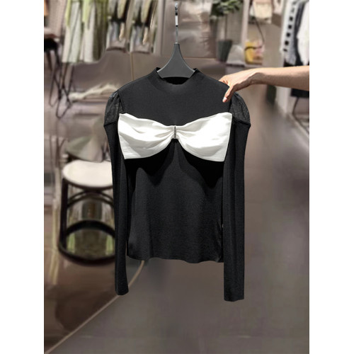 黑色蝴蝶結露肩法式上衣女2025春新款氣質高級感針織衫長袖打底衫