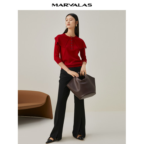 曼德詩時尚氣質打底衫女2025春秋新款設計感海軍領修身毛織套頭衫