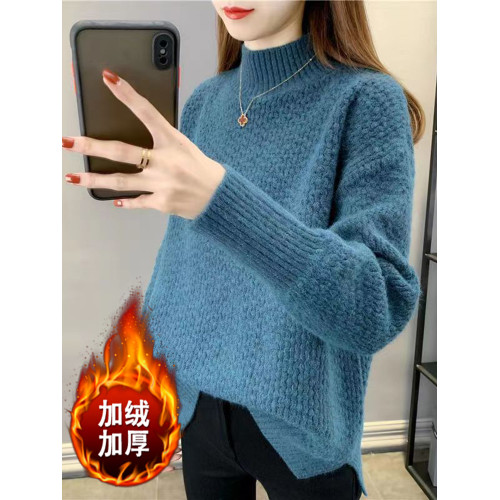 半高領毛衣女秋冬針織衫高中初中學生大童加絨加厚13嵗女孩打底衫