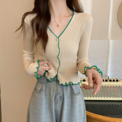 港味風格針織毛衣打底衫女春秋新款長袖木耳邊開衫打底上衣外套潮